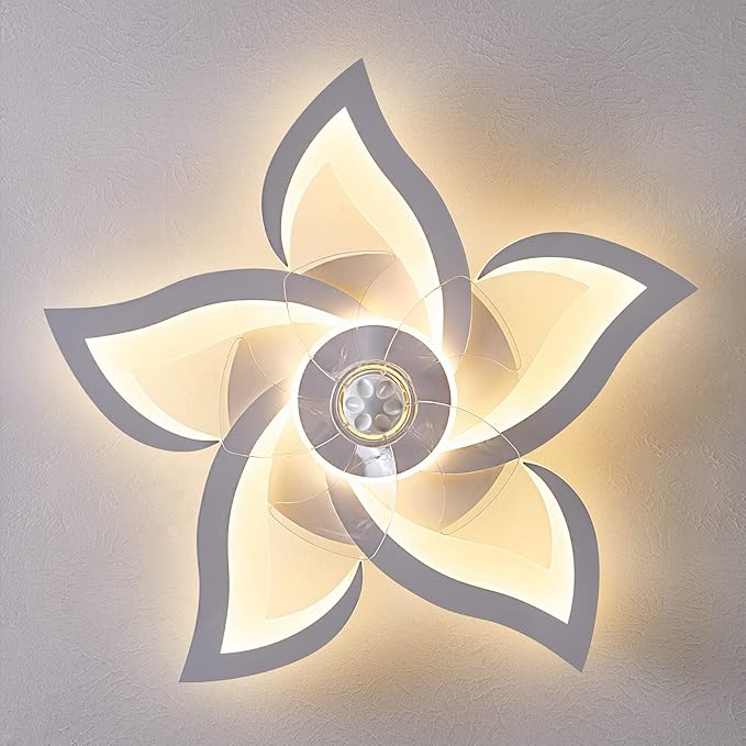 Ceiling Fan with Lights Remote Control, 3 Colors, 6 Speeds, 24" Geometric Bladeless Ceiling Fan, White Low Profile Ceiling Fan with Light for Kitchen Bedroom