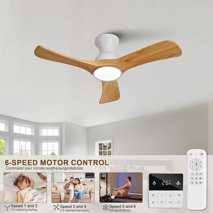 Flush Mount Ceiling Fans with Lights,36 inch,Remote Control,Wall Switch,Solid Wood Blades,Dimmable,Reversible Noiseless,Modern Ceiling Fan Indoor/Outdoor for Bedroom Patios White Natural Wood