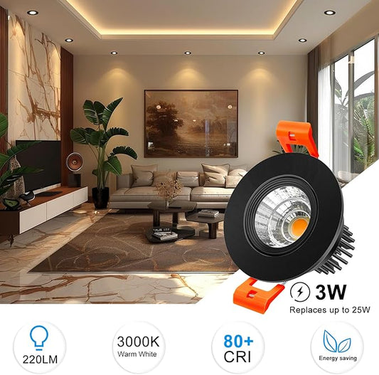 inShareplus 2 Inch LED Downlight, 3W Recessed Lighting 220LM COB Dimmable, 3000K Warm White, CRI80, Black Trim, Ceiling Lights with LED Driver, 20 Pack