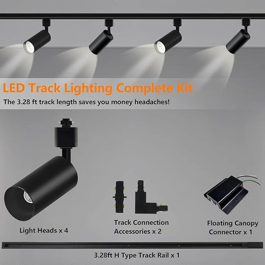 Black GU10 LED Track Lighting Kit, GU10 Track Light Heads with 3.28FT H Track Light Rail 4PCS Ceiling Spotlight Fixture for Home and Shop, No Bulbs