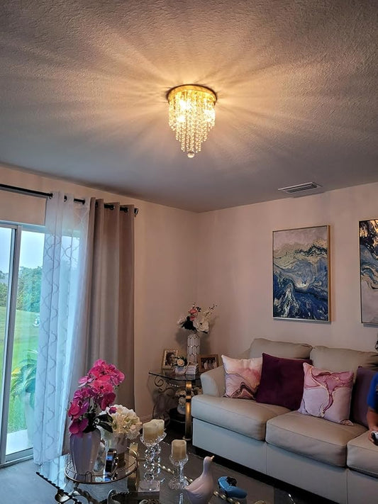 TISLYCO Mini Gold Crystal Chandelier, 3 Light Modern Flush Mount Ceiling Light Fixture, Raindrop Ceiling lamp Beaded Crystal Pendant Lighting for Hallway, Bedroom, Living Room, Dining Room
