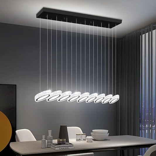 Rectangular Crystal Chandelier for Dining Room Pendant Chandelier for Kitchen Modern Linear Crystal Chandeliers Over Table Black 9 Lights