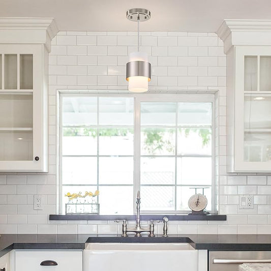 Modern Pendant Lighting, Nickel Hanging Light Fixtures for Kitchen Island Hallway Porch Corridor Bedroom with Frosted Glass Shade, 1 Light