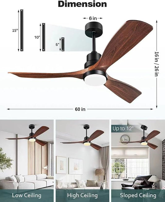 60 Inch Ceiling Fans with Lights, Outdoor Ceiling Fan for Patios with Light and Remote, 3 Downrods, ETL Listed, 3 Blades Solid Wood Ceiling Fan Reversible Quiet Dc Motor For Indoor Bedroom,60in,Walnut