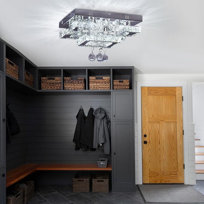 11.8" Modern Crystal Chandelier LED Ceiling Light Fixture Suitable for Kitchen Corridor Hallway Bedroom Bathroom Dining Room 4 Petals/Raindrop Ball Square Wall Switch (White Light)
