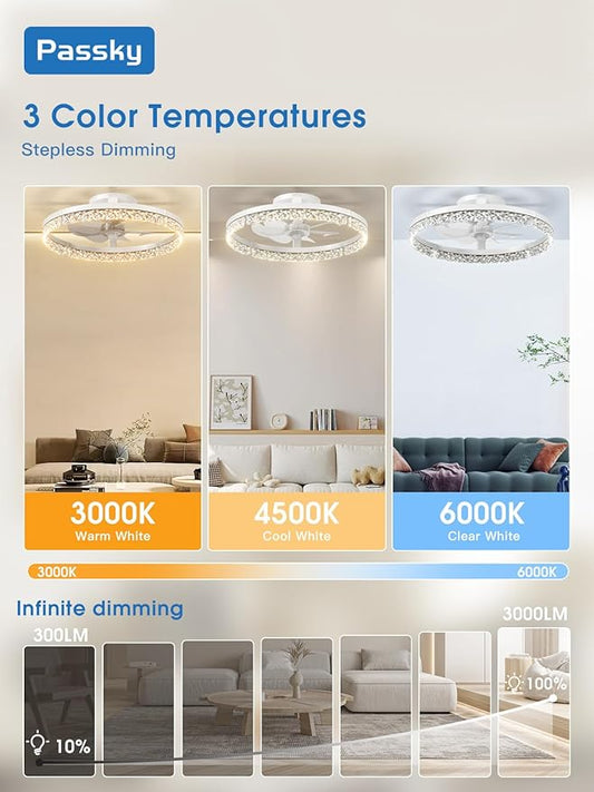 Passky 20” Low Profile Ceiling Fan with Lights and Remote, Dimmable LED Flush Mount Fandelier, 6 Speeds, 3000K–6000K, White Modern Ceiling Fan for Bedroom, Kitchen, Living Room