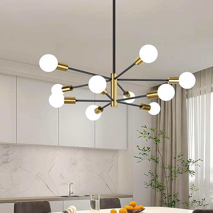 BesLowe 31'' 10-Light Modern Sputnik Chandelier, Mid Century Black & Gold Chandeliers Lighting, Farmhouse Ceiling Hanging Light Fixture for Dining Room Bedroom Room Kitchen Foyer, Height Adjustable