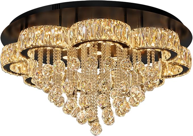 Flashing God W32inches Modern Black Chandeliers Raindrop Crystal Ceiling Lighting Fixture Flush Mount Chandelier for Living Room Hallway Dining Room Kitchen Bedroom