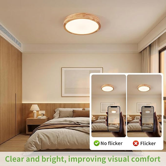Modern LED Ceiling Light for Bedroom: Wood Flush Mount Light Fixture with Acrylic Lampshade - 3000K Not Dimmable Overhead Ceiling Lamps for Kitchen Hallway Living Room (11.8" 2 Pack)