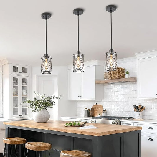 Refice Glass Pendant Lights Kitchen Island, Black Kitchen Hanging Light with Clear Glass, Farmhouse Cage Mini Pendant Lighting for Sink Dining Room Bedroom Bar, 3 Pack