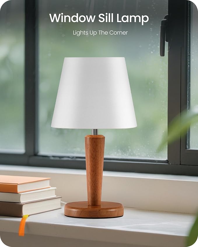 12" Wood Bedside Table Lamps Set of 2, Small Desk Lamps for Small Places, 3 Color Temperatures with Memory, White Linen Shade & E26 Bulbs, for Bedroom Living Room Office LW13TLP205