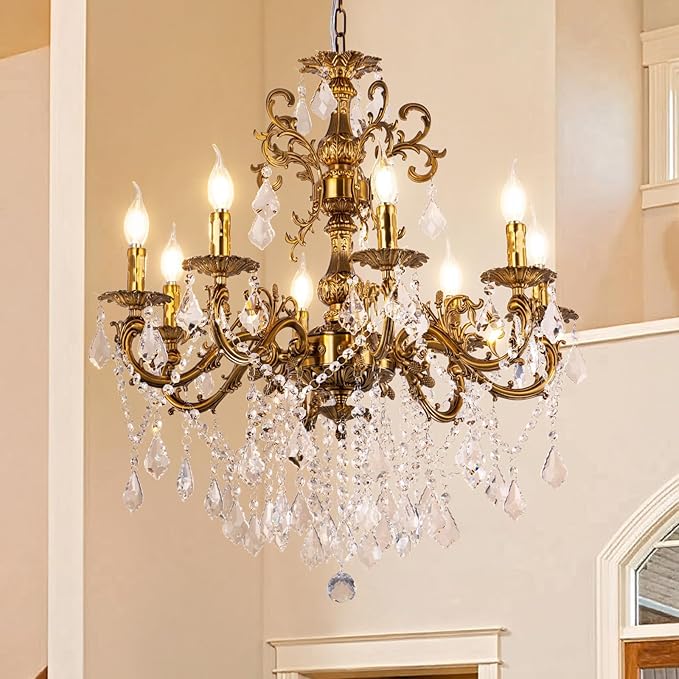 Wellmet Crystal Chandeliers Vintage Antique Bronze Chandelier 8 Lights Candle Pendant Ceiling Light Fixture for Dining Room Living Room Kitchen Bedroom Hallway Entryway Dia 28"