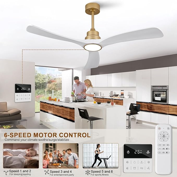 White Gold Ceiling Fans with Lights,52 inch Solid Wood Ceiling Fan with Remote Control,Wall Switch,Dimmable,Reversible,Power Off Memory Modern Ceiling Fan for Bedroom Patio Indoor/Outdoor Use