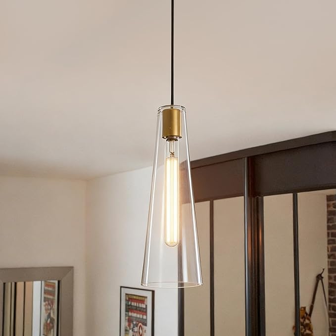 Modern Glass Pendant Lights Kitchen Island, Dimmable Gold Pendant Light Fixtures 1 Pack, Adjustable Farmhouse Hanging Light Fixture with Clear Glass Shades for Hallway Dining Room