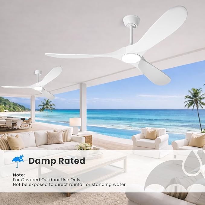 heimo 60 Inch White Ceiling Fan with Light and Remote, Wood Outdoor Ceiling Fans with Lights Dimmable for Bedroom Living Dining Room Patios Garage Gazebo Farmhouse Big Dc Reversible Fan