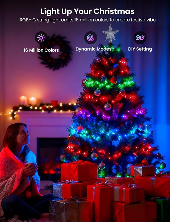 Smart RGB+IC String Lights with 300 LED, 98 FT Indoor Color Changing Christmas Lights, APP & Remote Control, 84 Scenes, Music Mode, Christmas Tree Decor