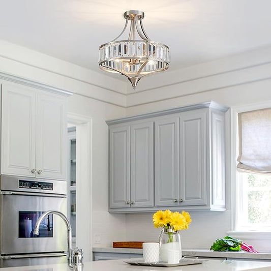 Brushed Nickel 4-Light Crystal Semi Flush Mount Ceiling Light Fixture Rustic Farmhouse Ceiling Lighting with Round Metal Shade Chandelier for Dining Room, Hallway, Bedroom, Foyer