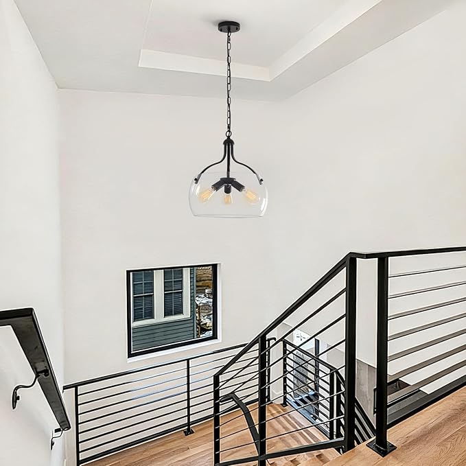 3-Lights Modern Pendant Lights Kitchen Island, Matte Black Hanging Light Fixtures with 15.8" Clear Glass Shade, Industrial Hanging Chandelier for Kitchen Entryway Bedroom Foyer
