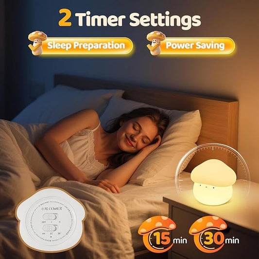 Mubarek Mushroom Lamp, Timer Mushroom Night Light for Kids, Dimmable & Easy Control Cute Lamp, Squishy Silicone Nightlight, Rechargeable Night Light for Baby Nursery, Cute Gifts Kawaii Decor