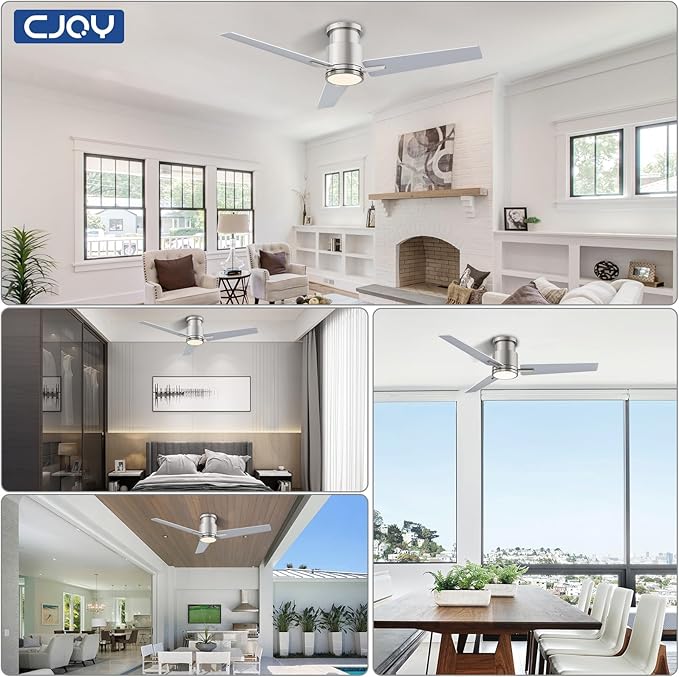 CJOY Ceiling Fans with Lights, 52 Inch Flush Mount Indoor Ceiling Fan with Light and Remote, Low Profile, LED Dimmable DC Reversible Modern Ceiling Fan for Bedroom(Brushed Nickel)