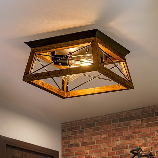 Rpzloila Farmhouse Ceiling Light, 2-Light Flush Mount Light Fixture with Metal and Wood Design, Rustic Light Fixture for Kitchen, Entryway, Hallway, Bedroom