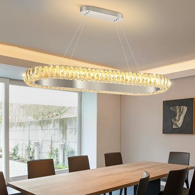 32'' Oval Ring Crystal Chandelier Modern LED Dimmable Ring Pendant Light Chandelier for Dining Room Living Room Silver
