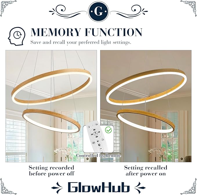 2 Ring LED Chandelier for Dining Room, Wood Grain Circular Pendant Light Fixture Modern Boho Round Hanging Light Coastal Chandelier for Entryway Bedroom Office, 20 Inches Dimmable 3000-6500K