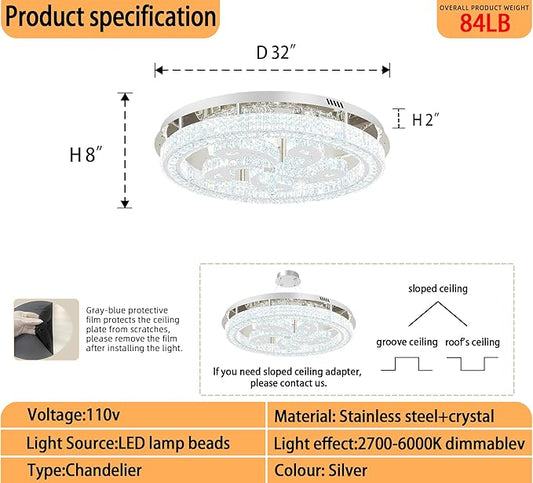 Modern Crystal Chandeliers for Dining Room Flush Mount Ceiling Chandelier for Living Room Dining Room Ring LED Crystal Ceiling Light (Round,32in Silver,Dimmable 2700K-6500K)