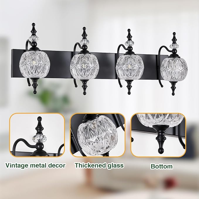 Black 4 Lights Bathroom Vanity Light Fixtures, Modern Bathroom Vanity Lights Painted Black Surface with Thick Crystal Glass Shade, Wall Sconces for Bathroom Bedroom