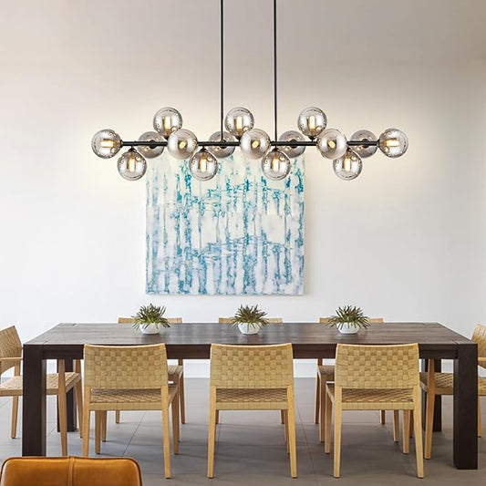 Chandelier,16-Light Black Linear Chandeliers for Dining Room Light 55inch Modern Linear Sputnik Chandelier Large Pendant Lights Kitchen Island Bubble Smoke Gray Glass Globe Kitchen Island Chandelier
