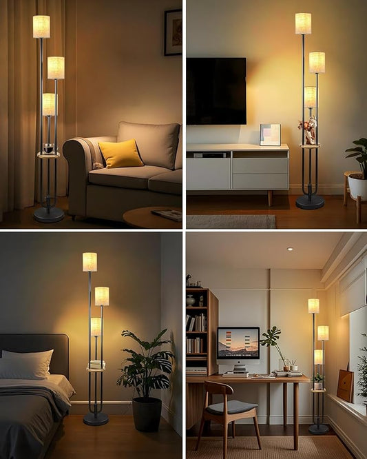 63IN Dimmable Floor Lamp with Shelf, Unique Black Tall Standing Lamps with Table, 3000K Warmwhite Mid Century Modern Floor Lamp with 5Lbs Heavy Base for Living Room/Bedroom (Bulbs Included)