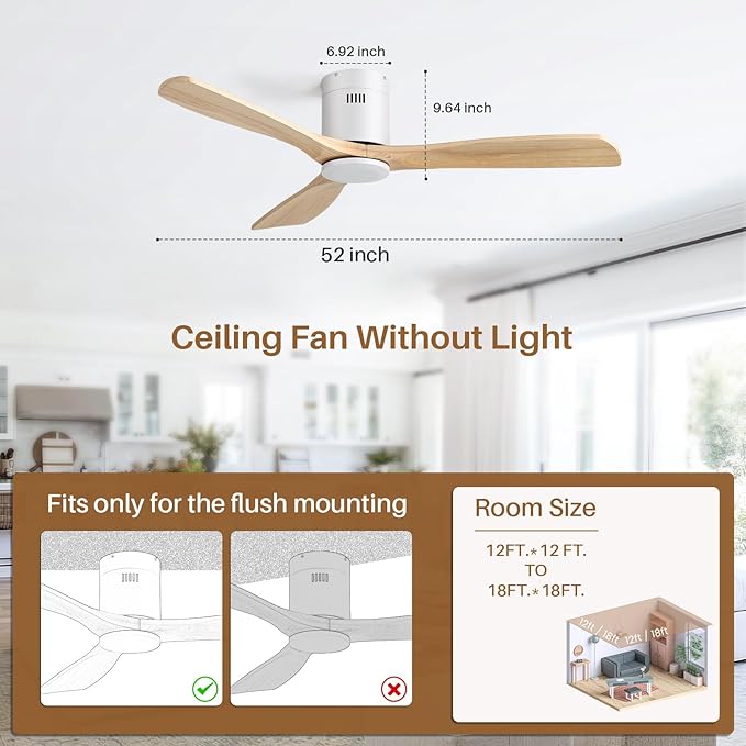 CACI Mall 52 Inch Smart Ceiling Fan without Light, Flush Mount, 3 Blades Solid Wood, Low Profile, Modern, Outdoor/Indoor Ceiling Fans No Light for Bedroom/Farmhouse/Patio