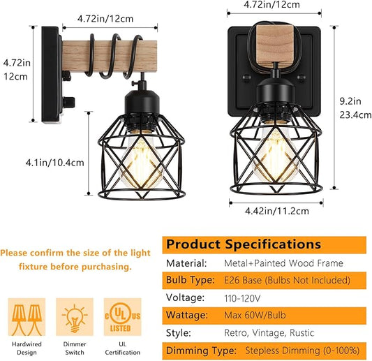 FadimiKoo Farmhouse Wall Sconces 4 Pack, Bedside Wall Lamps with Dimmer ON/Off Switch, Black Wall Light Fixtures with Metal Cage, Rustic Wooden Sconces Wall Lighting for Living Room, Hallway, Bathroom