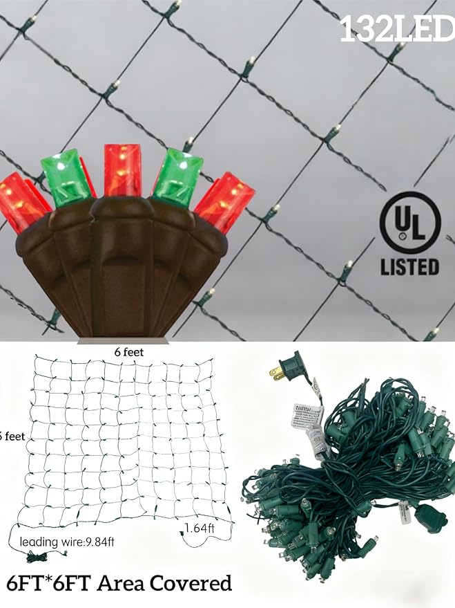 Led Christmas Net Lights for Bushes, 132LED 6FT x 6FT Connectable UL Certified Net Lights for Bushes Tree Shrubs Xmas Trunk Green Wire Christmas Decorations