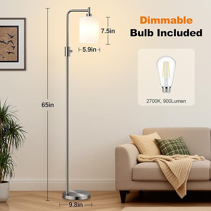 【Upgraded】Dimmable Floor Lamps for Living Room with Frosted White Glass Lampshade, Modern Industrial Floor Lamp with 900LM Bulb Included, Standing Tall Lamp for Bedroom, Office, Reading Room, Nickel