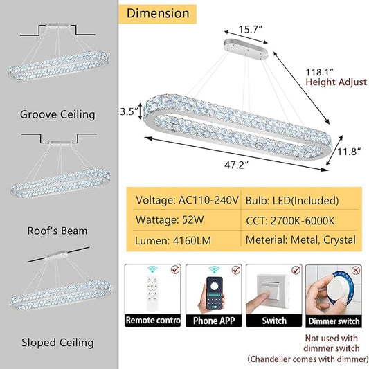 47'' Modern Oval Chandelier Crystal Chandeliers for Dining Room Round Ceiling Light Fixture for Living Room Lighting LED Dimmable with Remote Ring Lights Silver