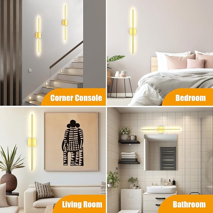 Battery Operated Wall Sconces Set of 2 Rechargeable LED Wall Lights, Dimmable 3000K-6500K, Battery Sconces Wall Decor for Bedroom Living Room Hallwayated Wall Sconce (2 Pack) (Gold, 28 INCH)