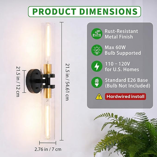 Black and Gold Wall Sconces Set of 2, Hardwired Bathroom Light Fixtures, Modern Bathroom Vanity Wall Lighting with Clear Glass Shade, Farmhouse Wall Sconce for Mirror Bedroom Hallway, E26 Base