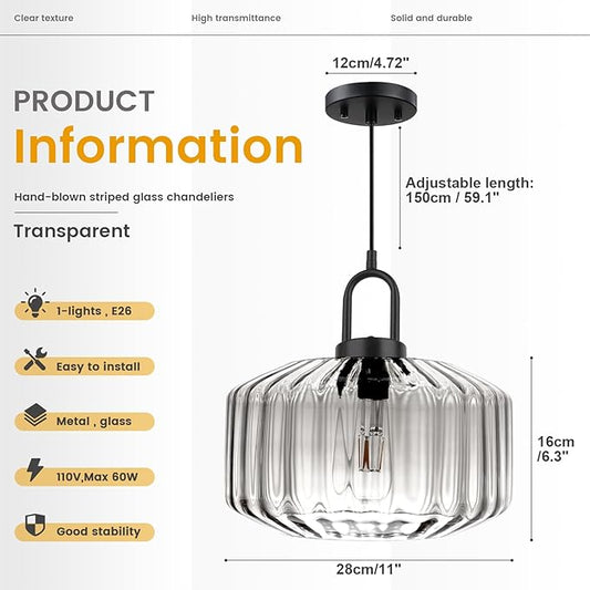 Large Glass Pendant Lights Kitchen Island Vintage Hanging Light Clear Striped Blown Shade Mid Century Modern Hanging Ceiling Lights with Black Finish Adjustable Cord for Dining Room
