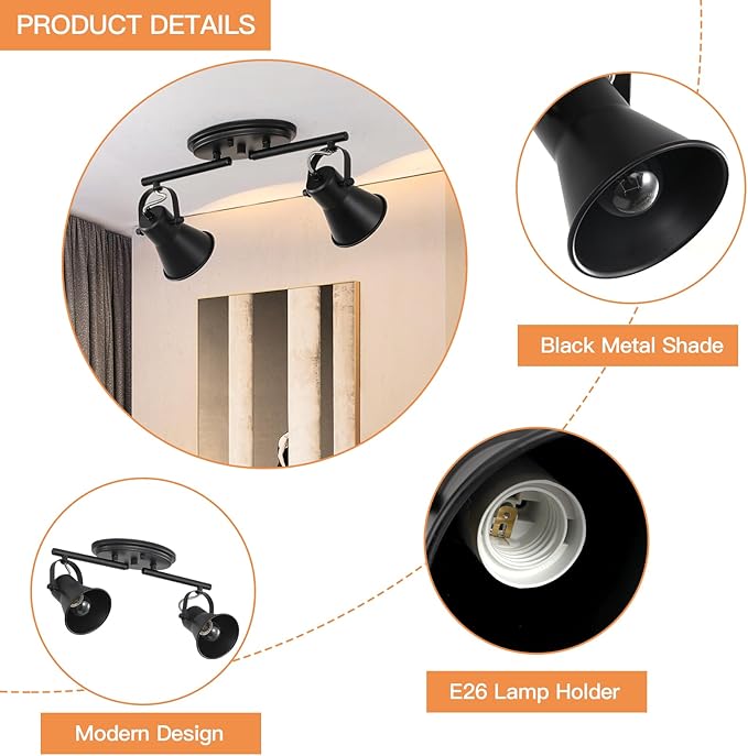 2 Light Track Lighting Ceiling, Industrial Directional Ceiling Spot Light Fixture,Black Flush Mount Ceiling Light for Kitchen, Living Room, Hallway, Bathroom, Cabinet, Etc.