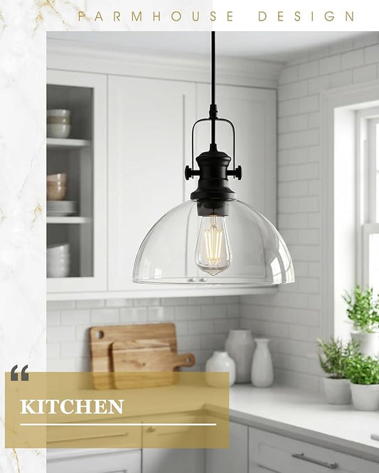 Large Pendant Lights Kitchen Island, 10.5" Farmhouse Black Pendant Lighting with Clear Glass Shade, Vintage Hanging Light Fixtures for Dining Room Entryway, Adjustable Cord, AD-22151-1PL-BK-C