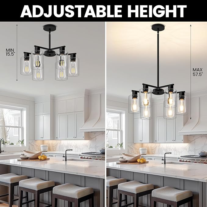 6-Light Modern Black Chandelier Farmhouse Dining Room Light Fixture with Clear Glass Shade Hanging Ceiling Pendant Lighting for Kitchen Island Living Room Hallway