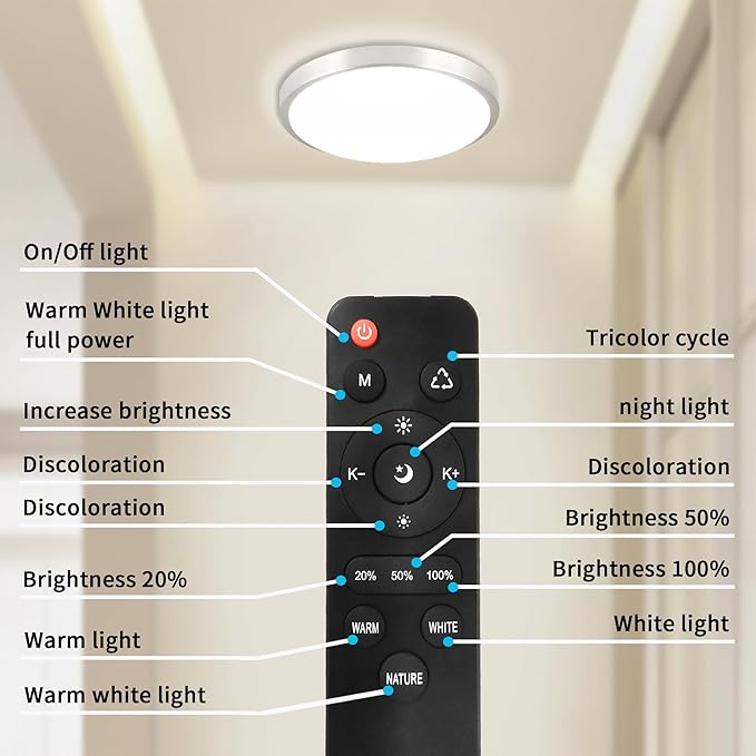 LED Flush Mount Ceiling Light Fixture with Remote Control,8 Inch 18W Close to Ceiling Lights for Kitchen,Bedroom,Laundry,Dimmable 3000K-6500K Light Color Adjustable