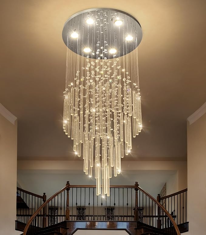 HAIXIANG W20 x H40 Crystal Glam Chandelier Long Light Chandeliers with Dimmable Light Bulbs High Ceiling Light Fixtures for Foyer Entryway Living Room Stair Silver