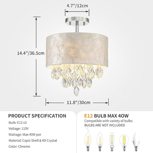 3-Light Capiz Shell Crystal Drum Ceiling Light, Coastal Style Close to Ceiling Light Fixture for Dining Room, Living Room & Bedroom, D12 * H14 inch, Shell Lampshade & Chrome Finish