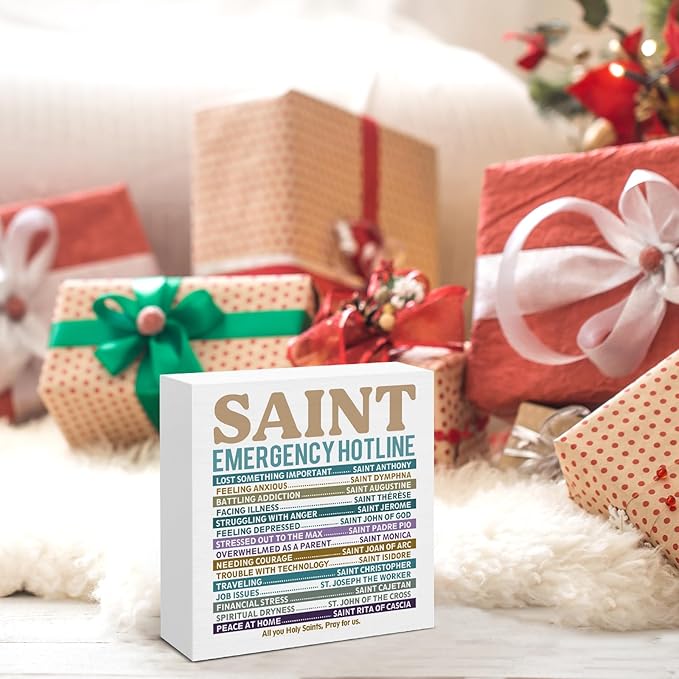 Christian Gifts for Women Men, Catholic Decor, Saint Emergency Wood Block Sign for Home Office Desk Decoration 5 x 5 Inches
