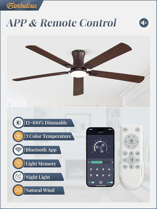 Fanbulous 60 inch ceiling fan with light, Low Profile Ceiling Fan with Light, App&Remote Control, Dimmable LED Light, Flush Mount Ceiling Fan for Indoor Bedroom Living Room, Qiuet DC Motor