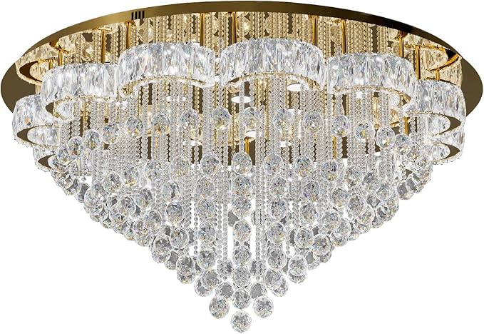 Flashing God 48inches Gold Crystal Chanderliers for Living Room Entryway Modern Crystal Folwer Ceiling Light for Foyer Interior LED Dimmable Lighting 2700k 4500k 6000k