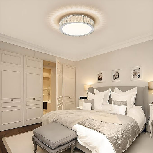 Dimmable Modern LED Crystal Flush Mount Ceiling Light Fixture,Luxury Chrome Round Lighting Fixtures,15 Inch 36W 5CCT 3000K-6000K Large Bedroom Chandelier for Hallway Kitchen Living Room