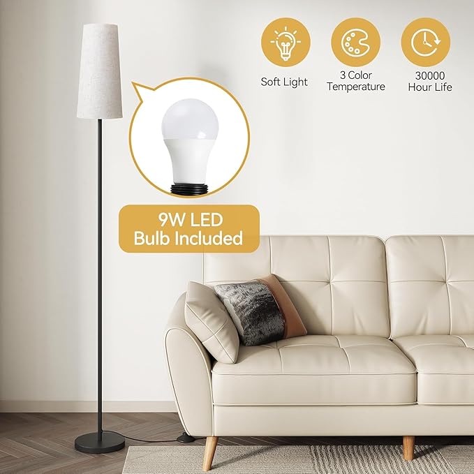 SUNMORY Floor Lamps for Living Room/Bedroom/Office, Standing Lamp with 9W LED Bulb, 3 Color Temperature 61'' Tall Lamp, Suitable for Modern/Boho/Farmhouse and Other Home Decor Styles